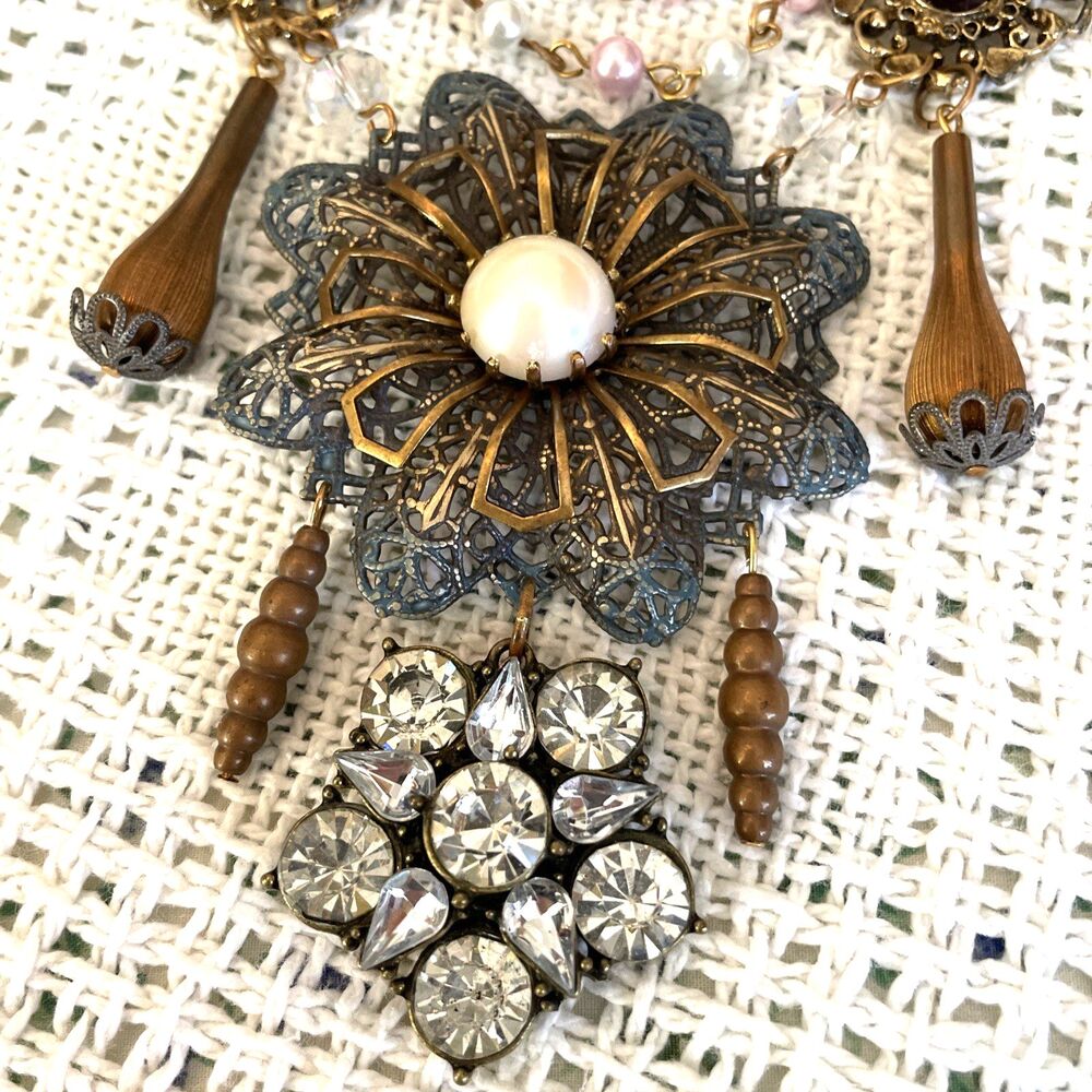Statement Necklace Filigree Faux Pearls Brass Drops Recycled OOAK Artisan 20"